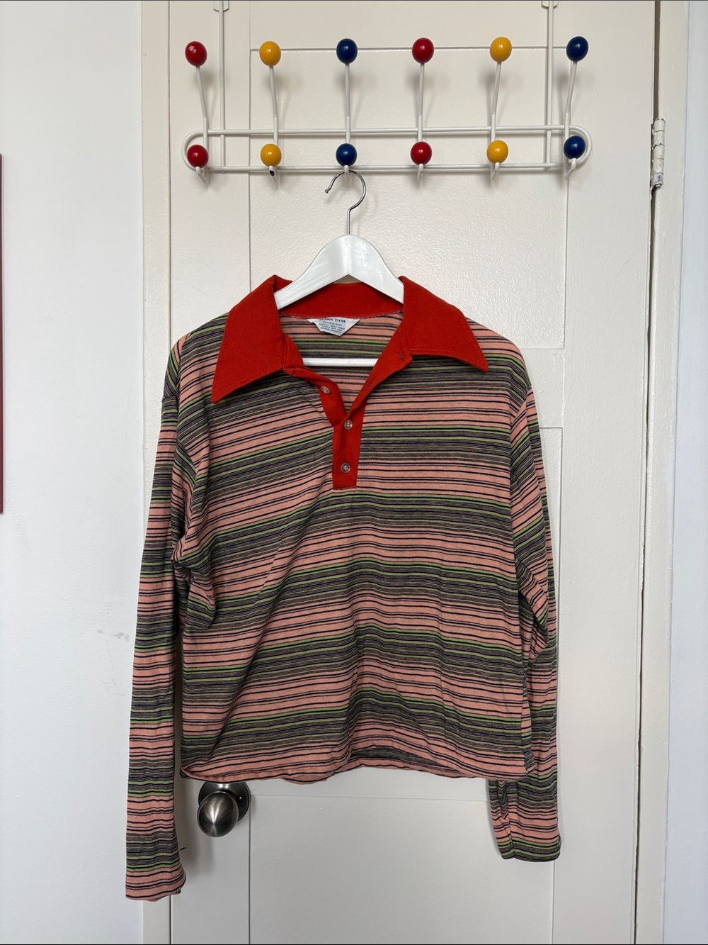 Long-Sleeve Striped Polo Sweater in Coral and Olive